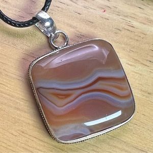 New Orange Sardonyx Agate Stone Silver Overlay Pendant w Cord